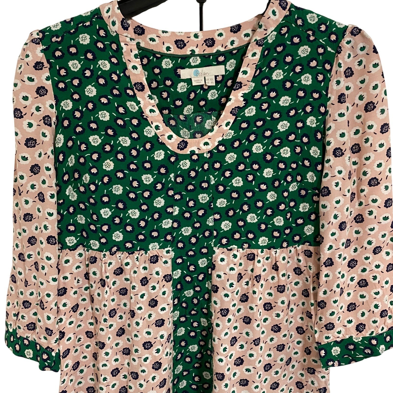 Boden Floral Dress Boho Cottagecore Womens 10 Green Pink Print 3/4 Sleeve V-Neck