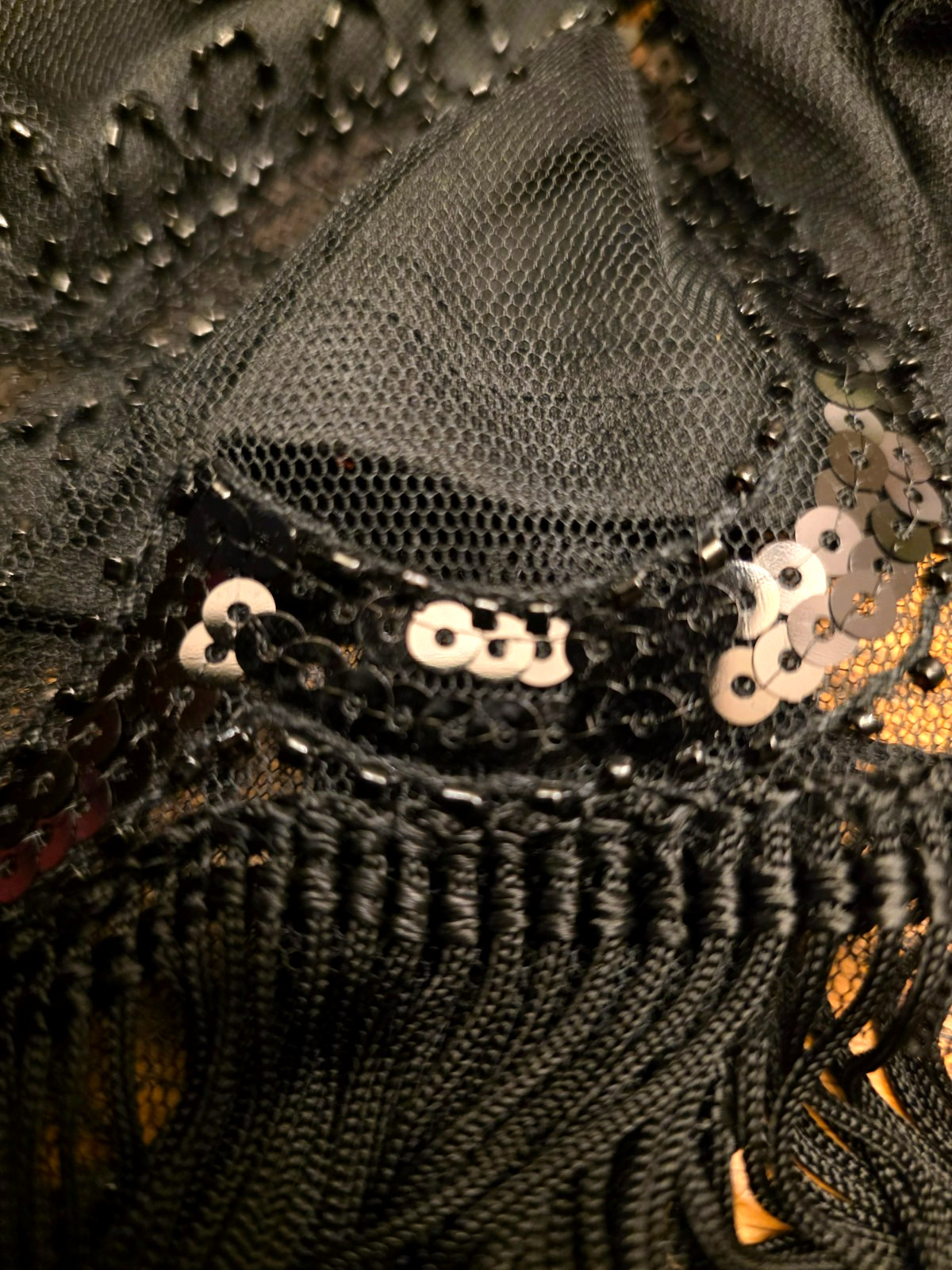 Unique Vintage L 10-12 Black Sequin Beaded Fringe Flapper Dress with Headband