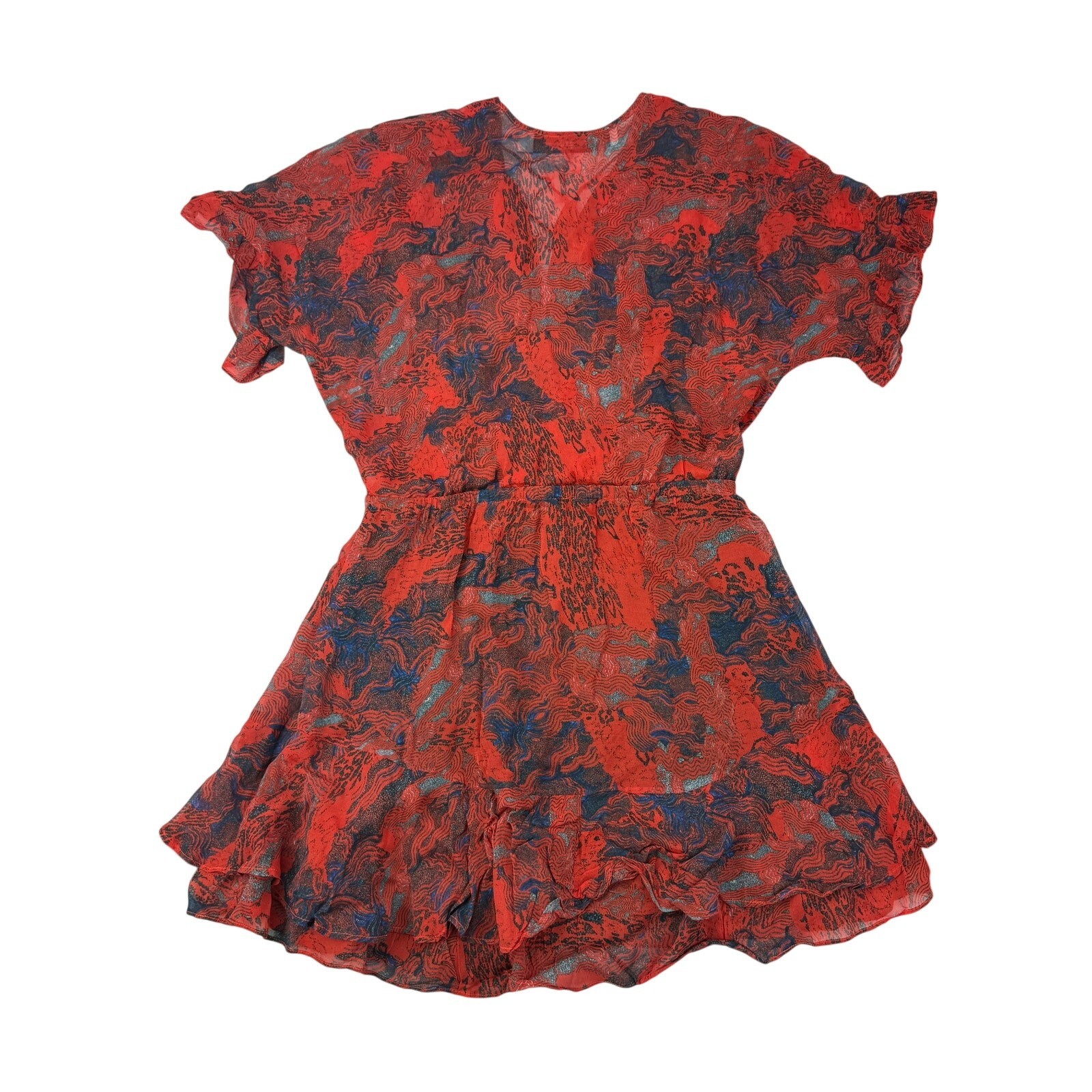 Iro Kizz Chiffon Surplice Neckline Ruffle Mini Dress Womens US 4 FR 36 Red Blue