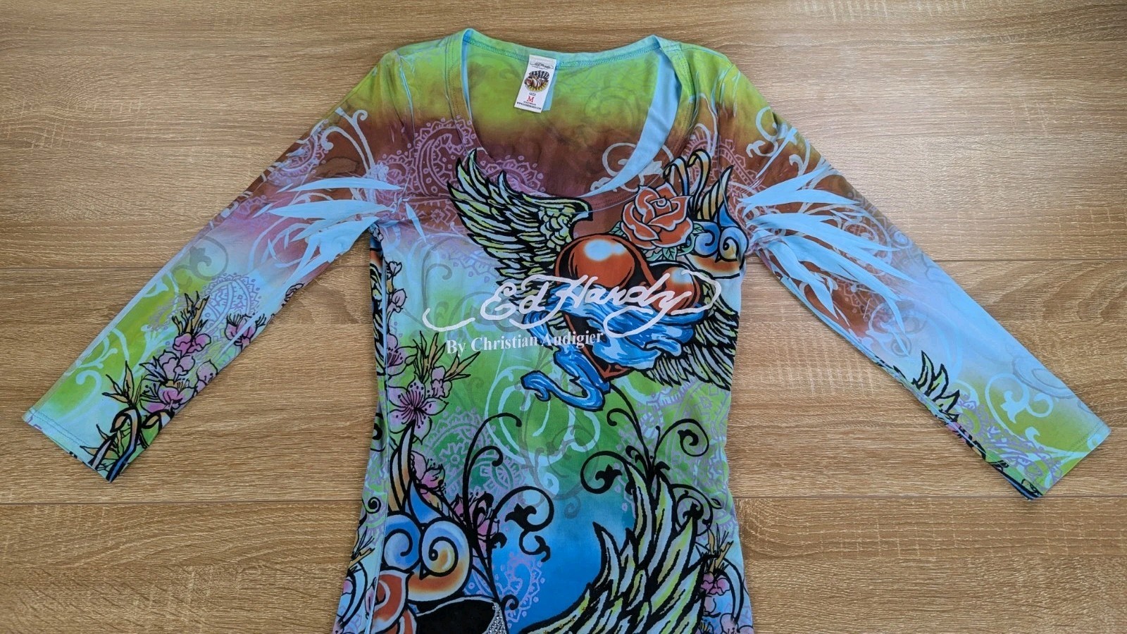 VTG Ed Hardy Christian Audigier Rhinestone Dress Medium Y2K Rose Tattoo Graphic