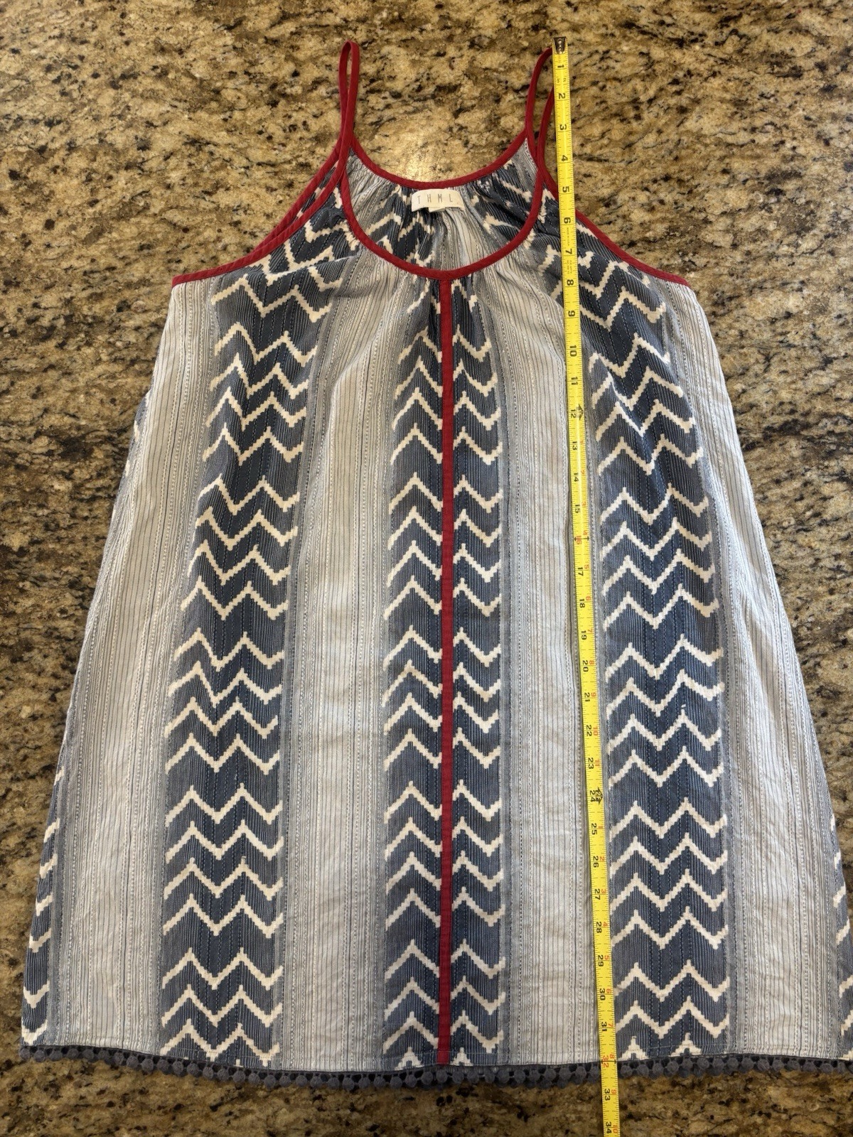 THML Women’s Blue/White/Red Chevron Cotton Spaghetti Strap Boho Tribal Dress S