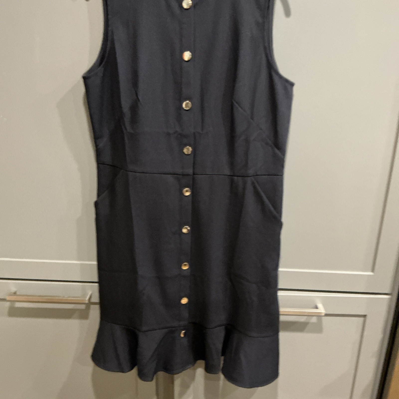 LOFT Navy Sleeveless Sheath Dress Knee Length Button Ruffle Pockets Stretch 12
