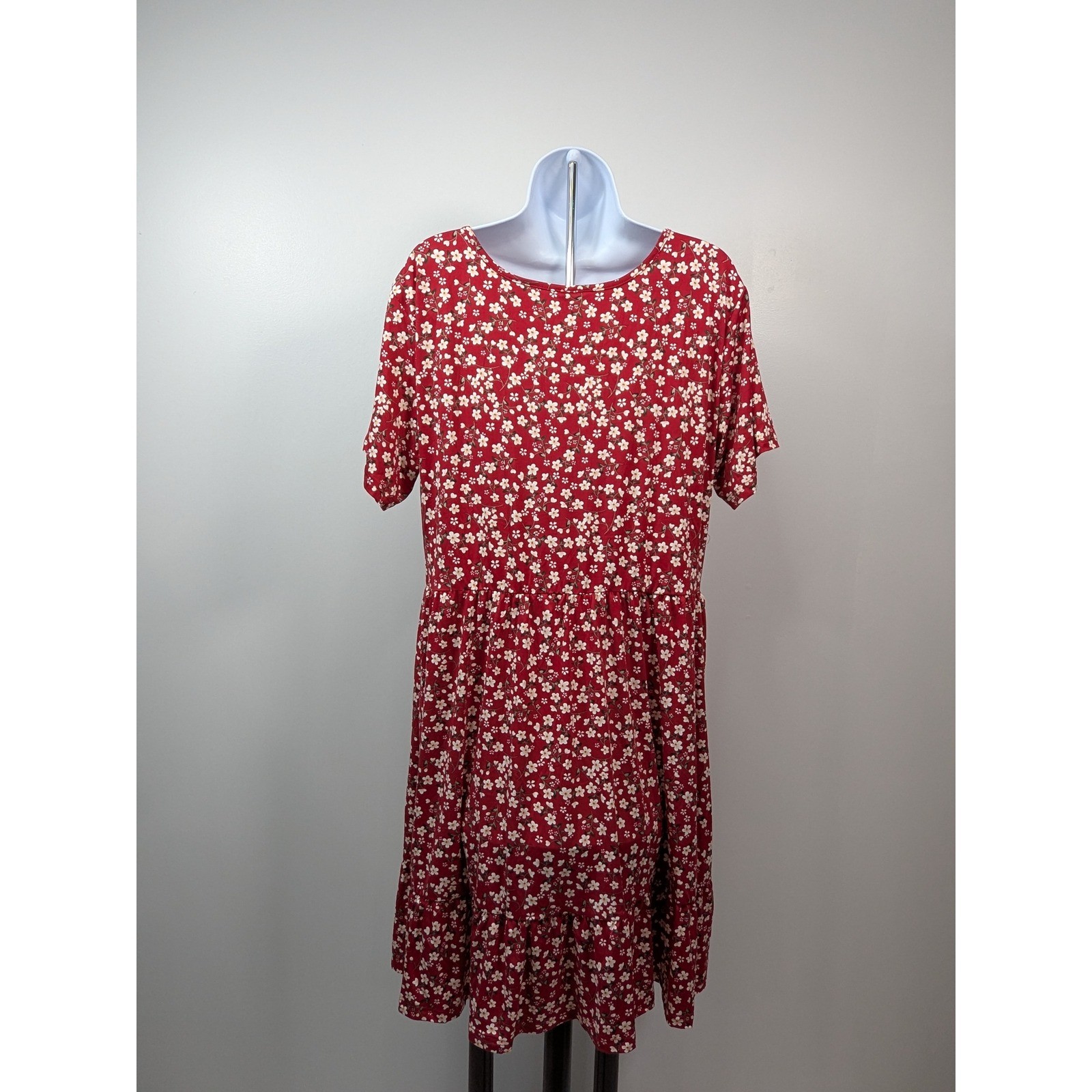 Auselily Red Floral Square Neck Babydoll Mini Dress Short Sleeve 2XL New
