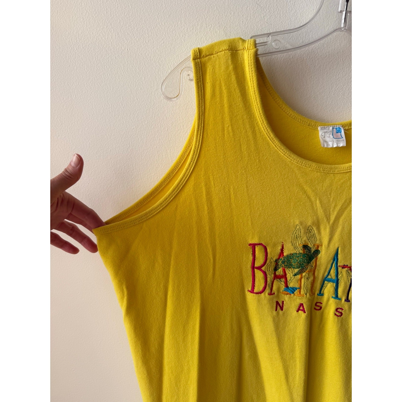 Vtg 90s Embroidered Yellow Oversized Tank Top Shirt Dress Beach Coverup Turtle L