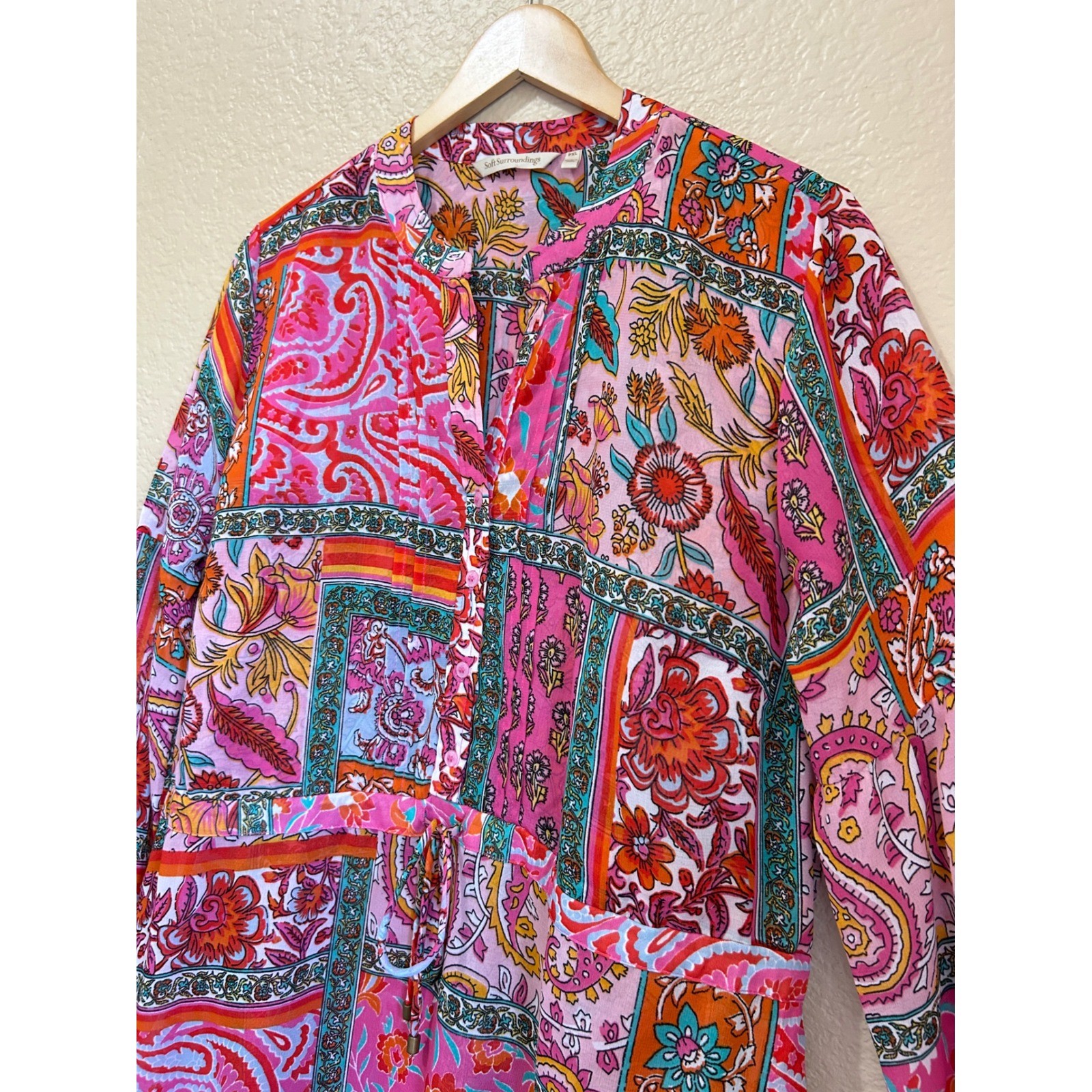 Soft Surroundings Pink Paisley Patchwork Tiered Midi Dress Petite Size XL Puffy