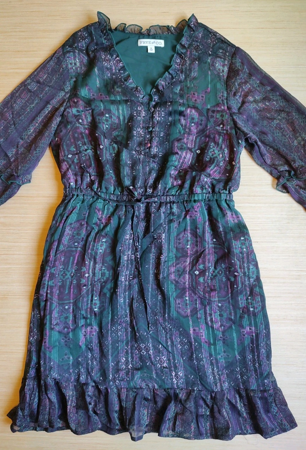 Frye Knee Length Dress Ruffle Buttons Lurex Green Purple Floral Size M Women’s