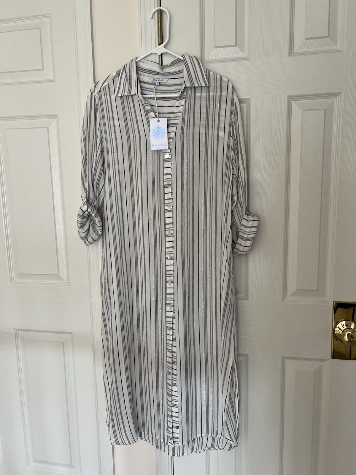 Blue Island with silvery black and White Striped Long Roll Tab Shirt Dress