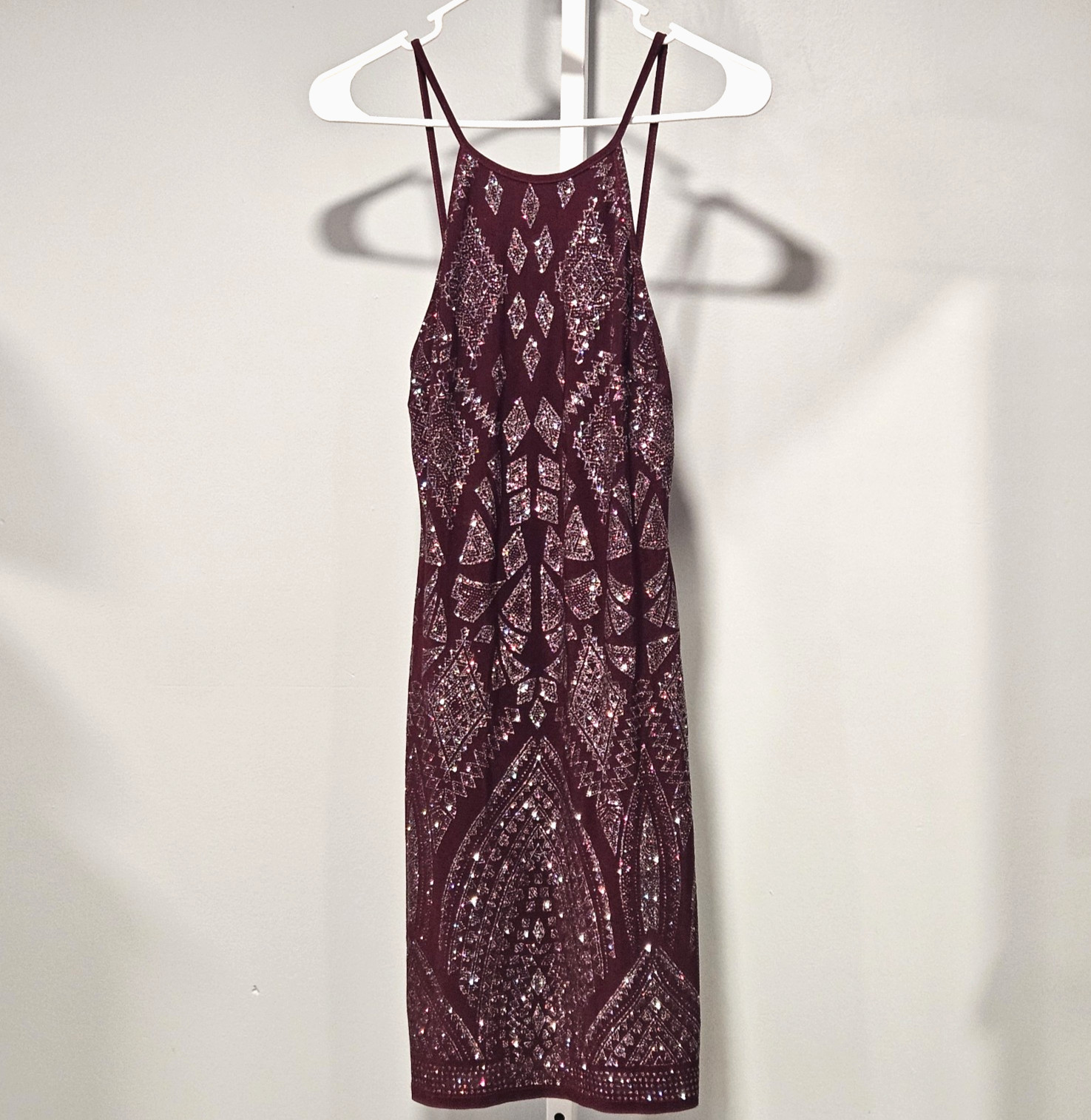 Jump Apparel Size 1/2 Mini Dress Plum/Metallic Jacquard Stretchy High Neckline