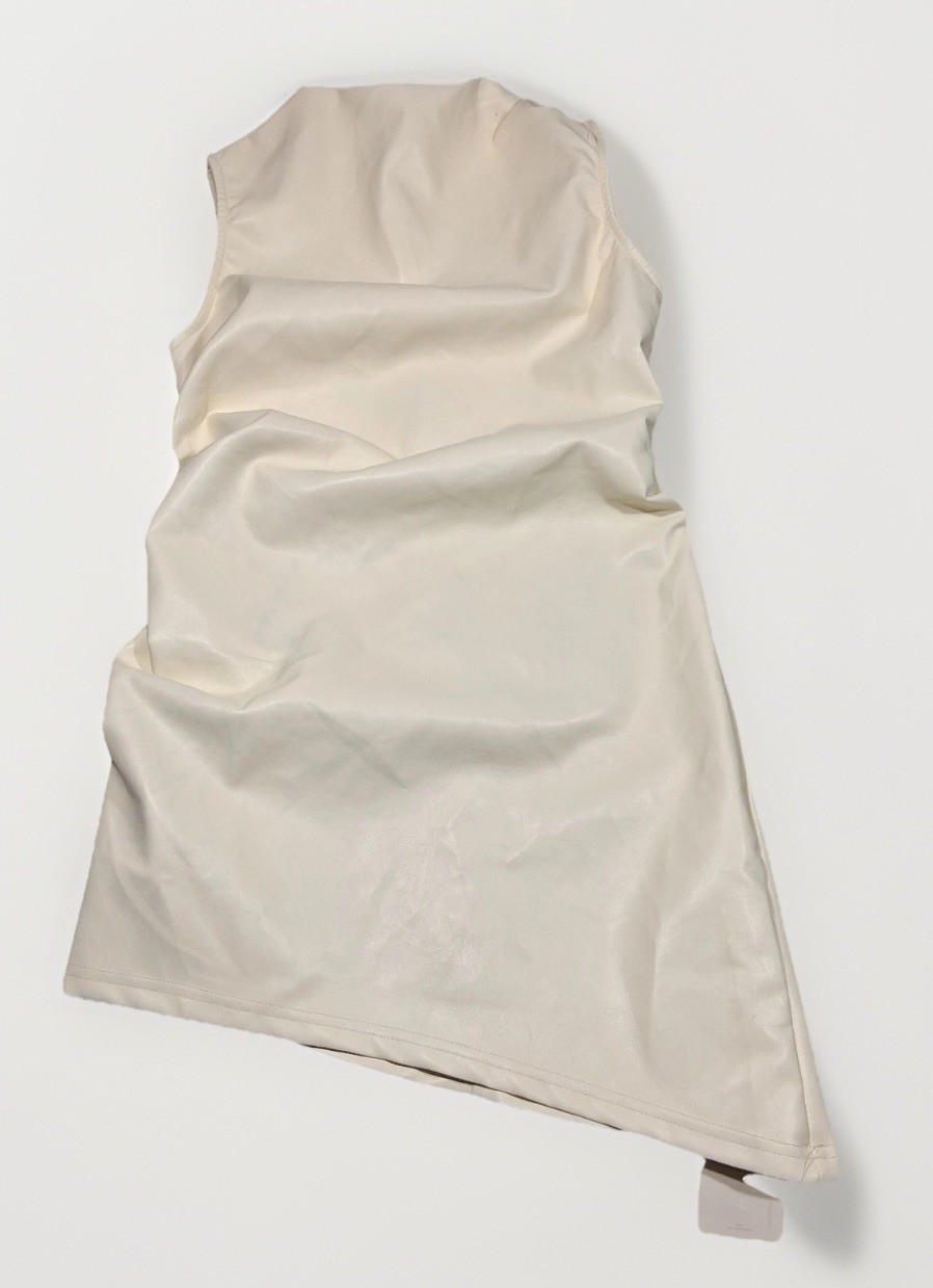 Musera Cream Faux Leather High Neck Asymmetrical Mini Dress XS sz2405282007193
