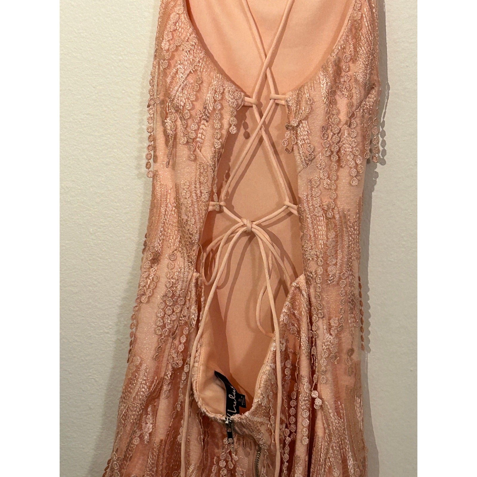 EUC- Lulus Making Magic Blush Pink Fringe Lace-Up Mini Dress SZ S – Retail $70