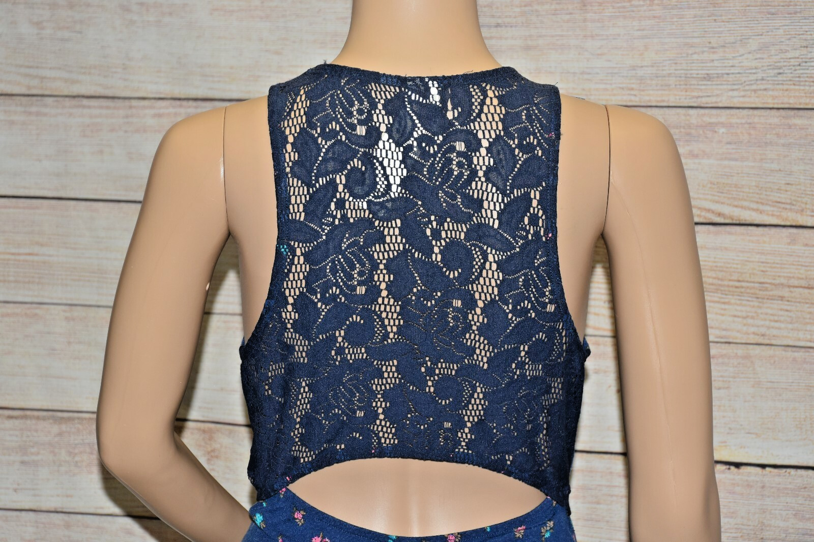 NWT BONGO M NAVY BLUE FLORAL LACE OPEN BACK CUT OUT HIGH NECK STRETCH TANK DRESS