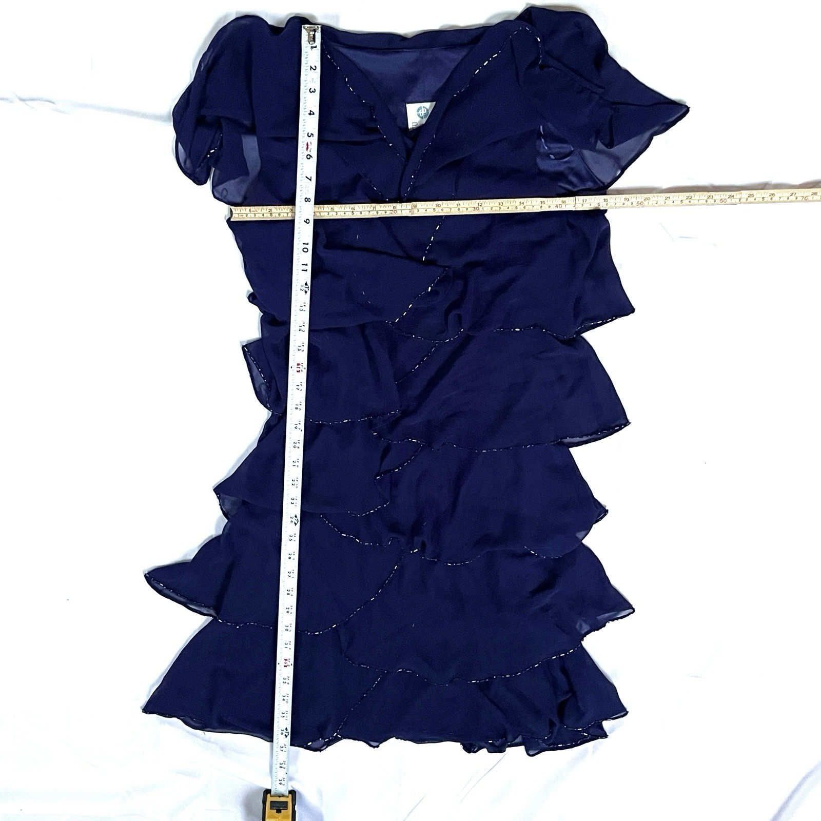 Patra Navy Beaded Chiffon Tiered Ruffle Midi Formal Cocktail Evening Dress 12
