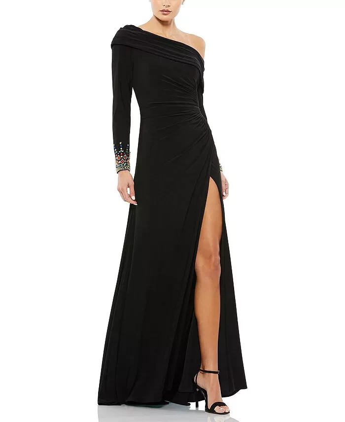 Mac Duggal Black Multi Color Beaded Cuff Drop Shoulder Gown Size 16 $398