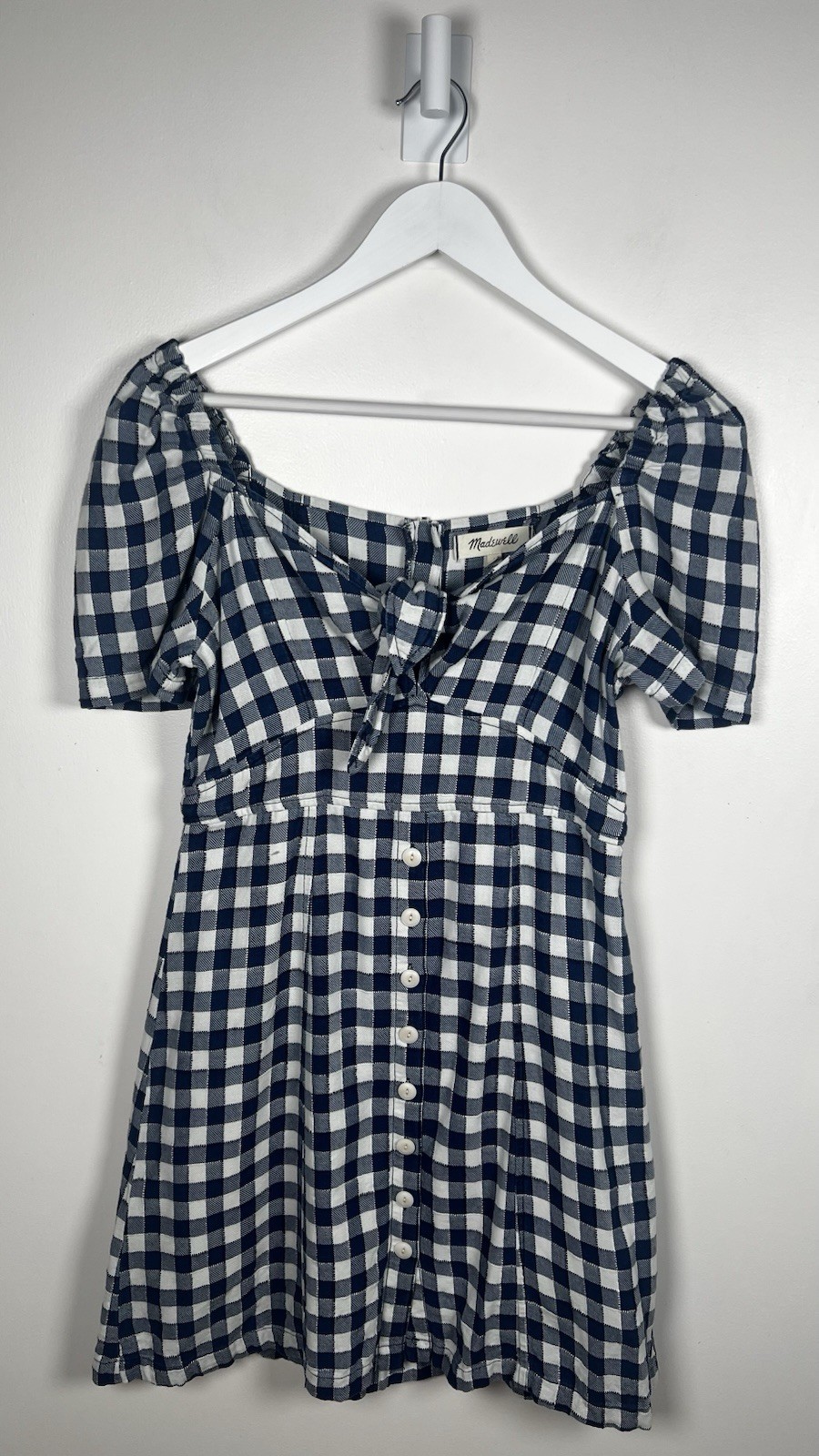 Madewell Size 2 Blue Gingham Tie-Front Cotton above Knee Swing Dress