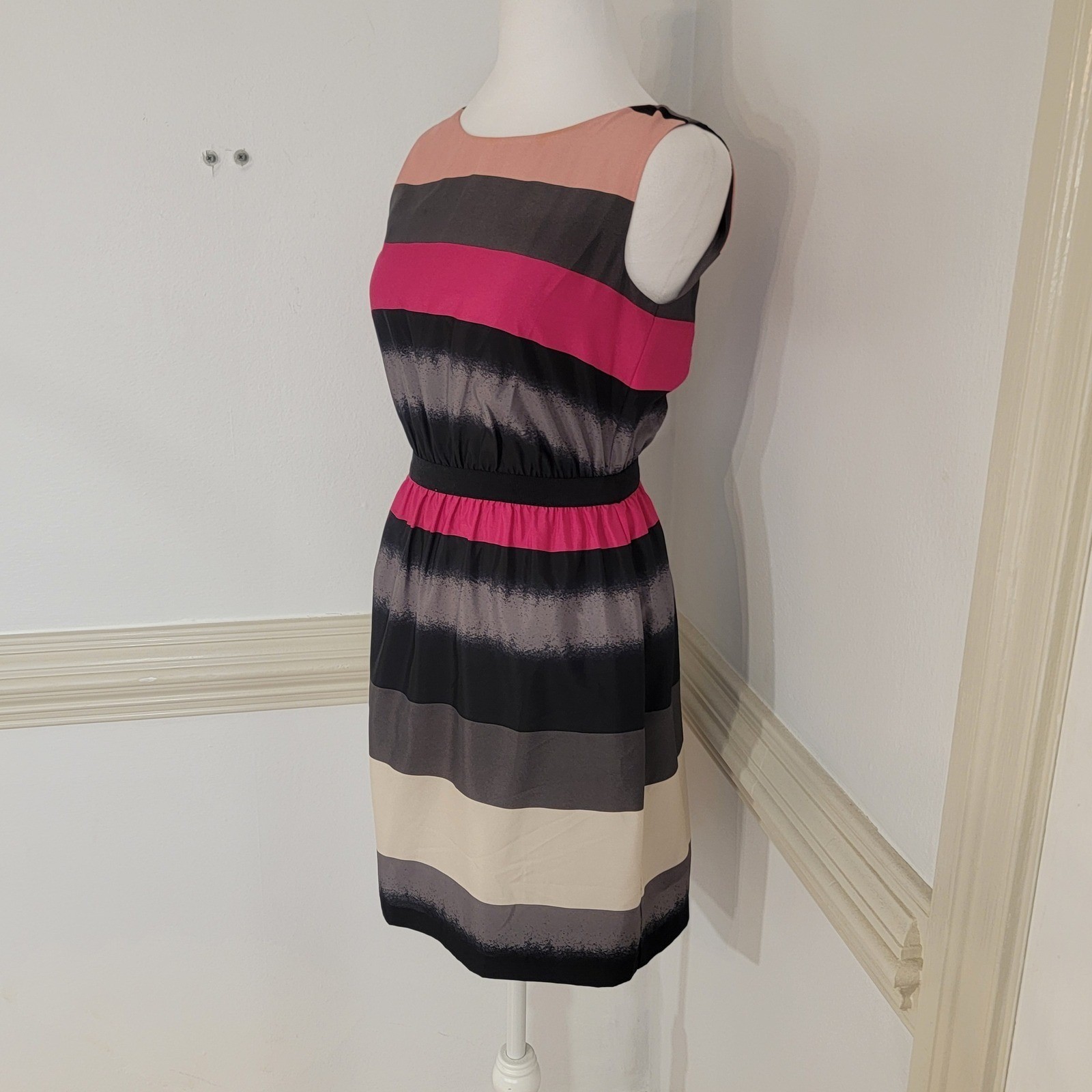 LOFT Sleeveless Fit & Flare Stripe Dress Pink Gray Black Colorblock XXS Petite