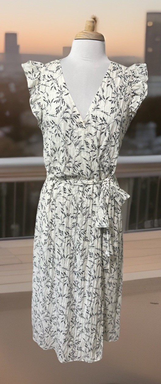 A New Day Faux Wrap Summer Cotton Lined Midi Dress White Black Floral Leaf sz L