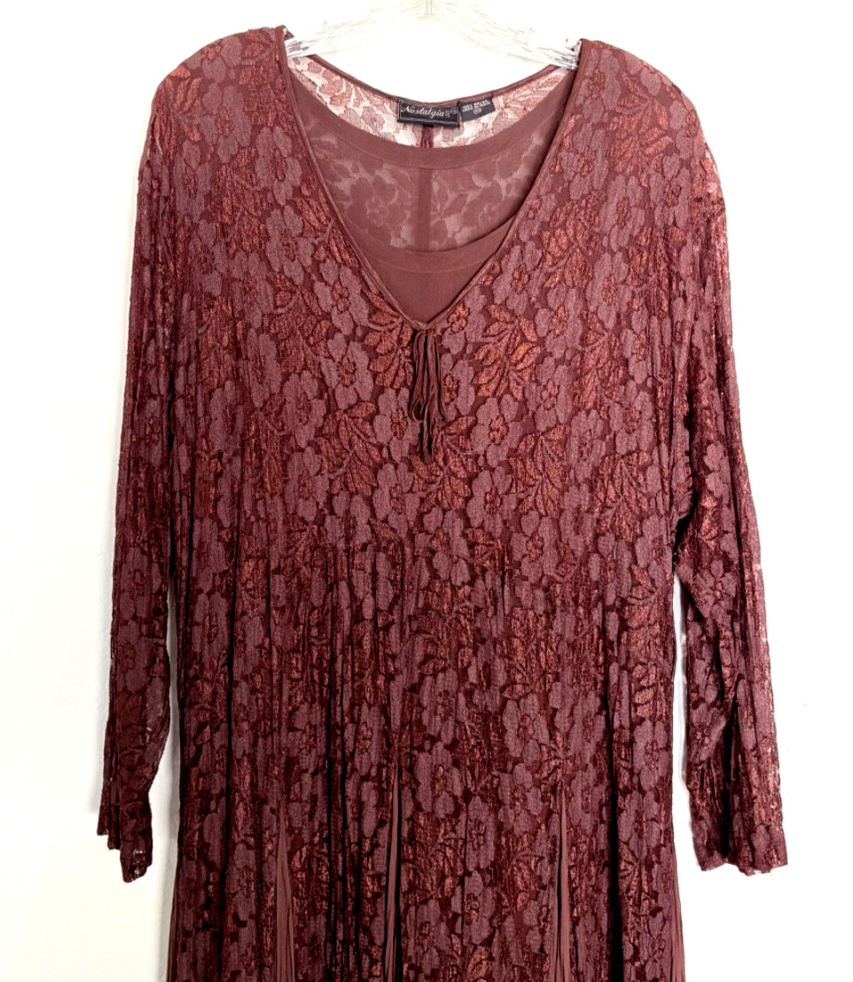 Nostalgia Vintage Dark Brown Lace Overlay Fared Flowy Dress 90s, Hippie Grunge