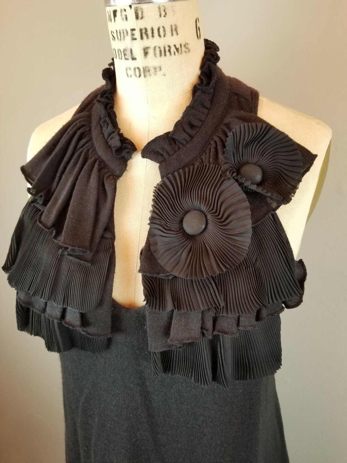 RYU Womens Size Small Pleated Ruffled Black Dress with Floral Embellishments