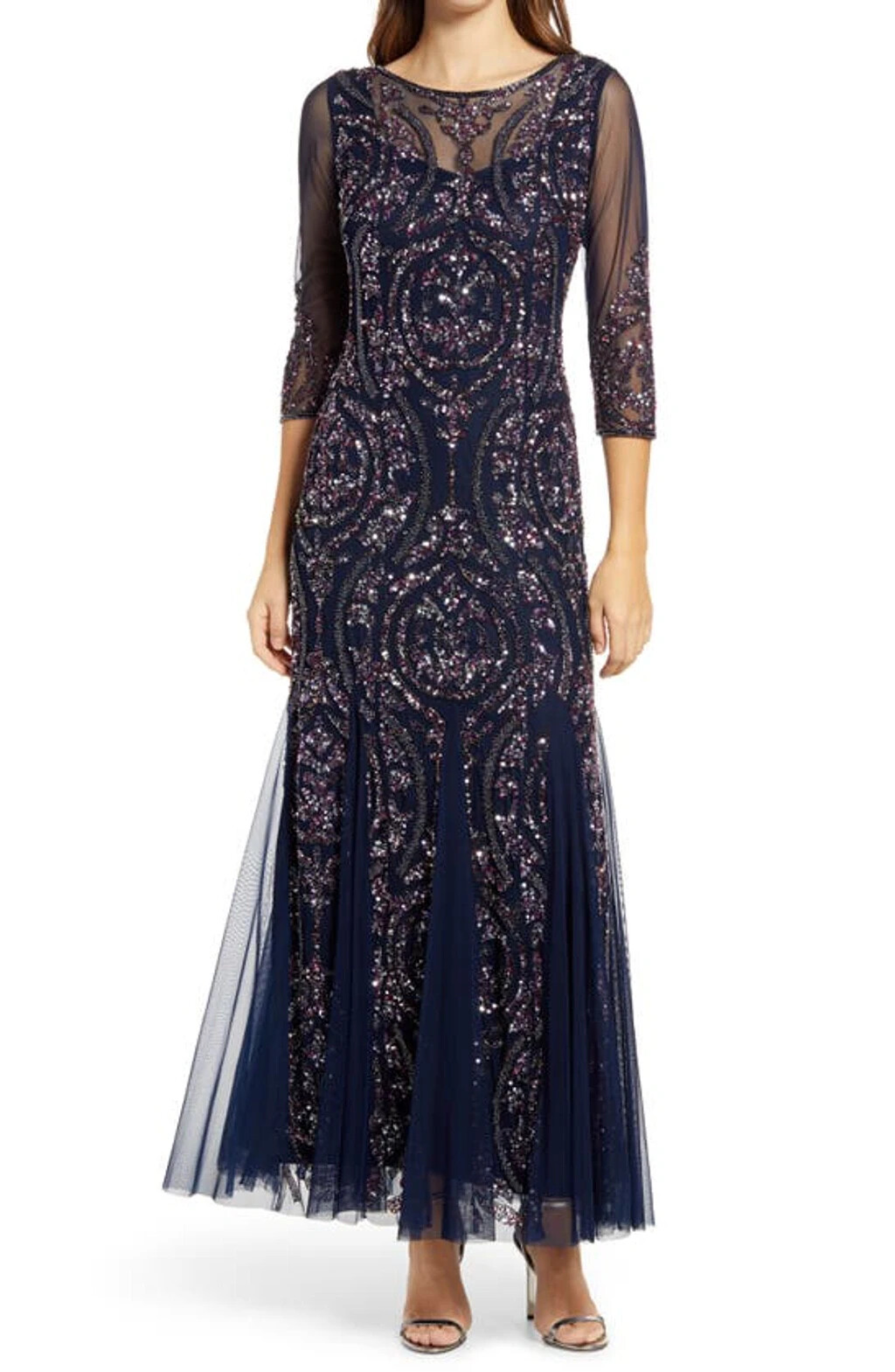 NWT $268 Pisarro Nights Sequin Beaded Illusion Mesh 3/4 Sleeve Gown Navy 2