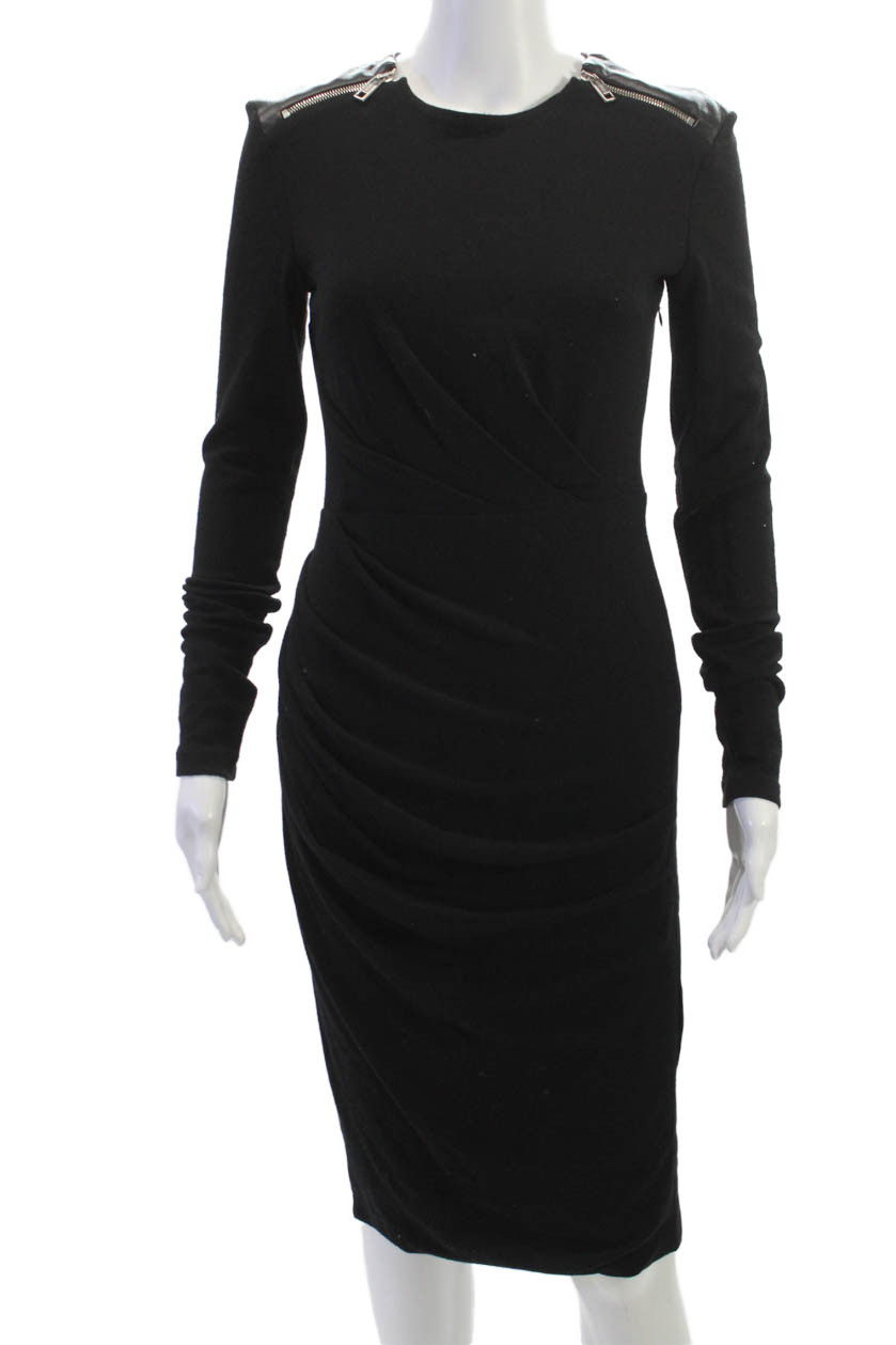 Sportmax Women Bodycon Sheath Long Sleeve Black Wool Dress Crew Neck Size S