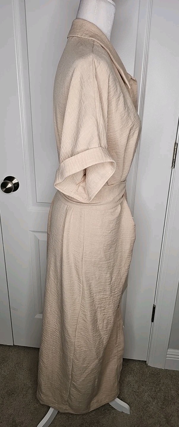 NWT DKNY Donna Karan Cotton Collared Button Belt Midi Shirt Dress Sz 14 Beige