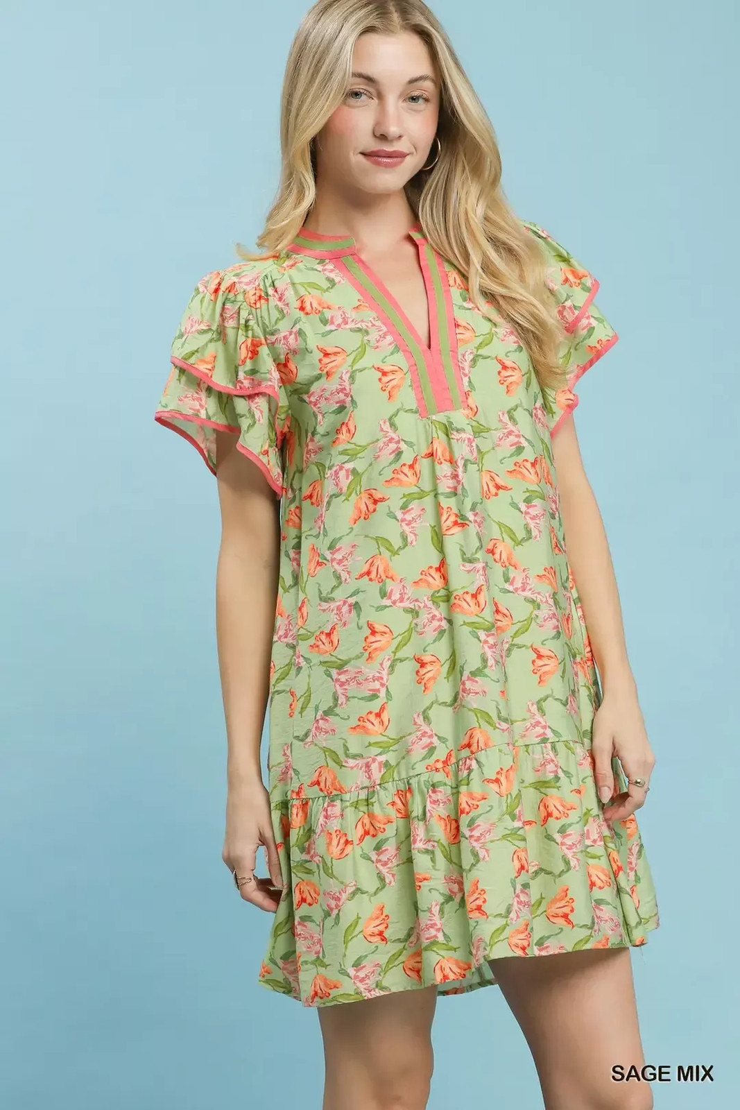 Umgee Floral Flutter Sleeve Tiered Dress
