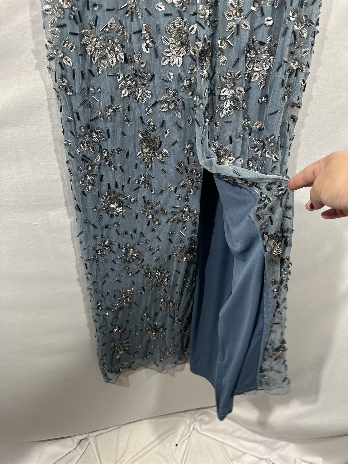 NWT Mac Duggal [ 10 ] 5477 Floral Embellished Scoop Neck Gown Slate Blue #S1601