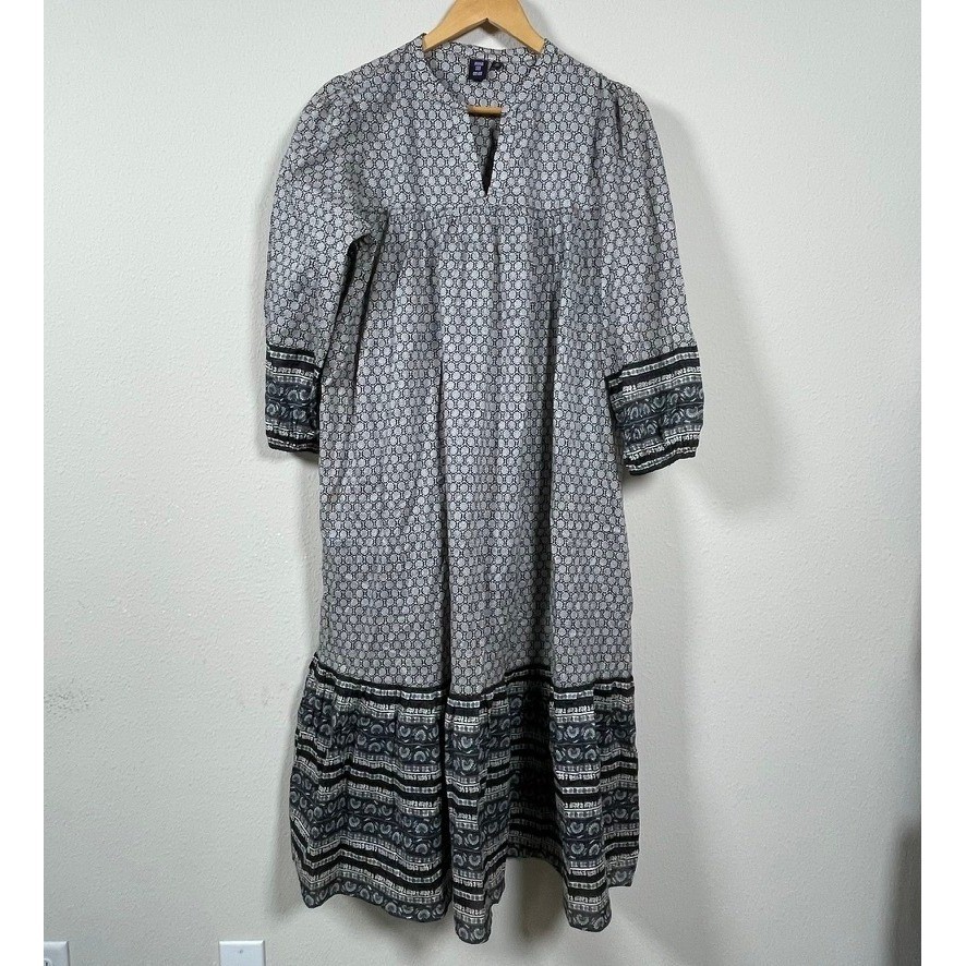 Anna Sui x Uniqlo Womens Medium Black White Boho Midi Dress Empire Waist Prairie