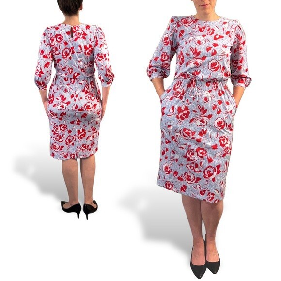 Pop Art Rose 70s 80s Vintage Polyester Dress Bedford Fair Red White Blue Mod M