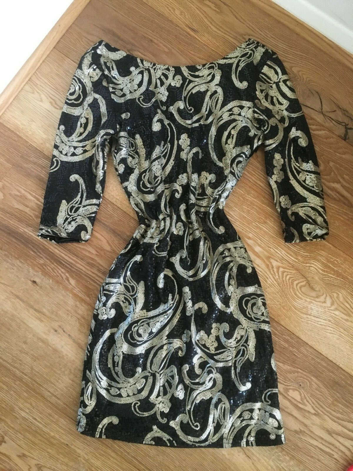 Jane Norman Black Sequin Bodycon Party Dress Size 8 Xmas Party Sparkle Silver
