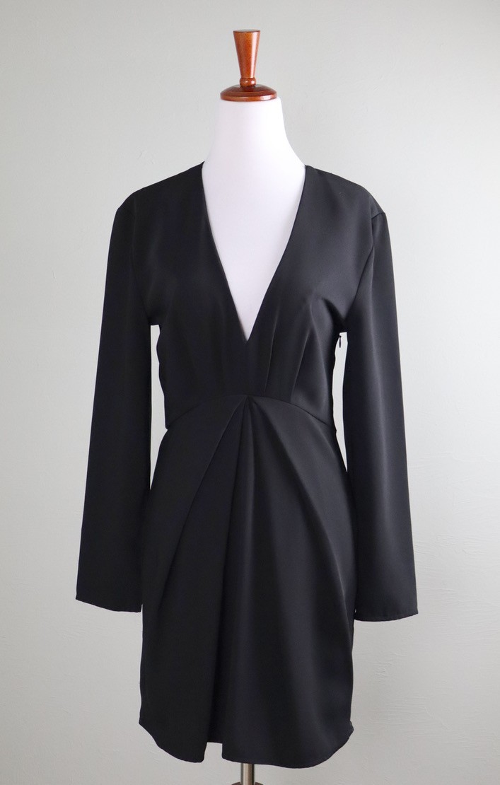 THE KOOPLES NWT $355 Solid Black Glam Pleated Deep V-Neck Mini Dress Size 2