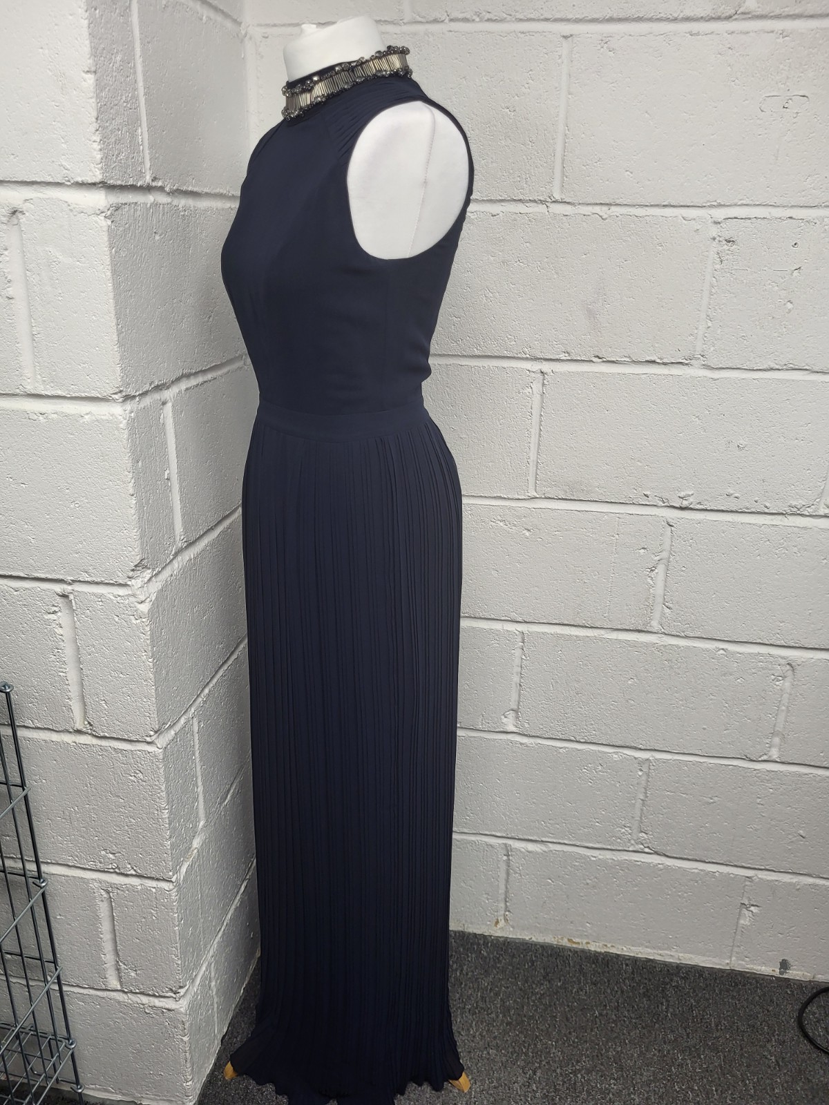 Spotlight Warehouse Navy Blue Embellished Neckline Pleated Maxi Dress Size 8. PT
