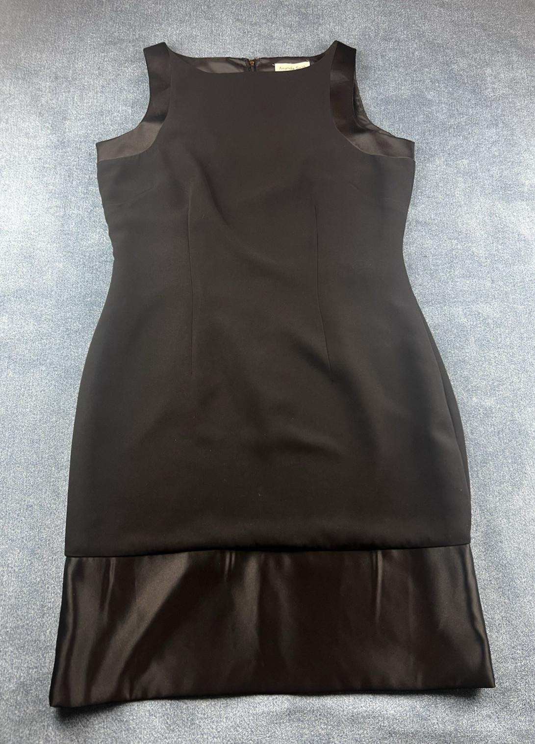 Amanda Smith Y2K Black Sheath Shift Dress Black Satin Trim Women’s Size 10
