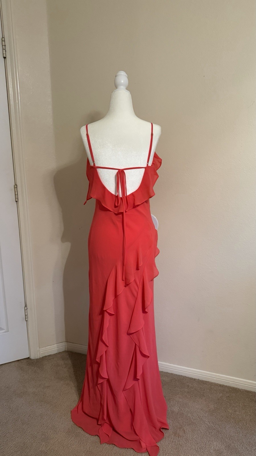 X by Xscape Coral Solid Ruffle V-Neck Strappy Sleeveless Maxi Dress Size 6