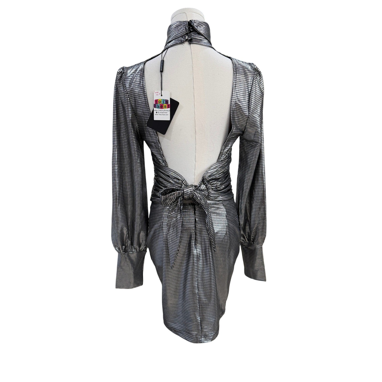 Silver Metallic Disco Keyhole Open Back Mini Dress Party Glam Y2K Nightclub Glam