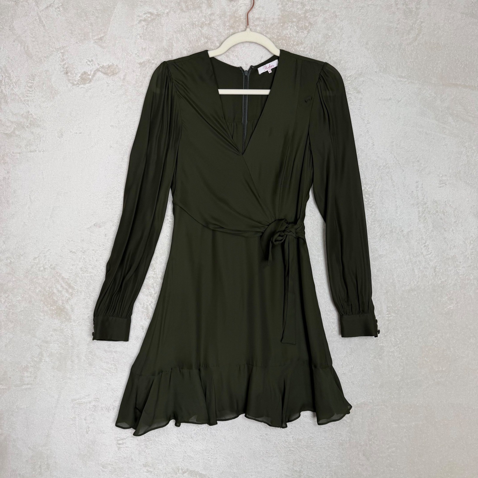 Parker Silk Blend Olive Green Long Sleeve Ruffle Faux Wrap Mini Dress Size S