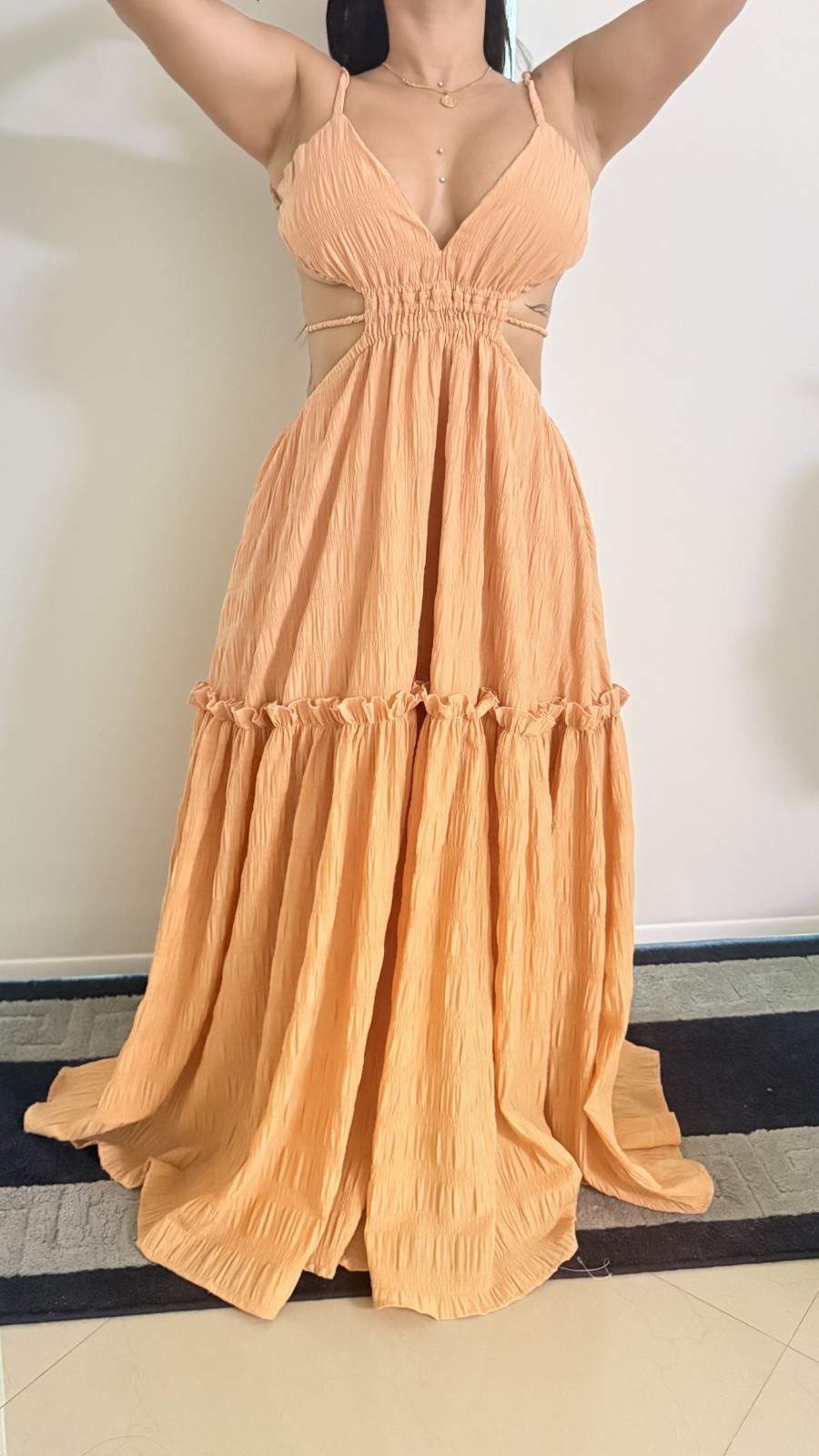 Mable Ari Cut Out Boho Seersucker Tiered Ruffle Smocked Textured Maxi Dress
