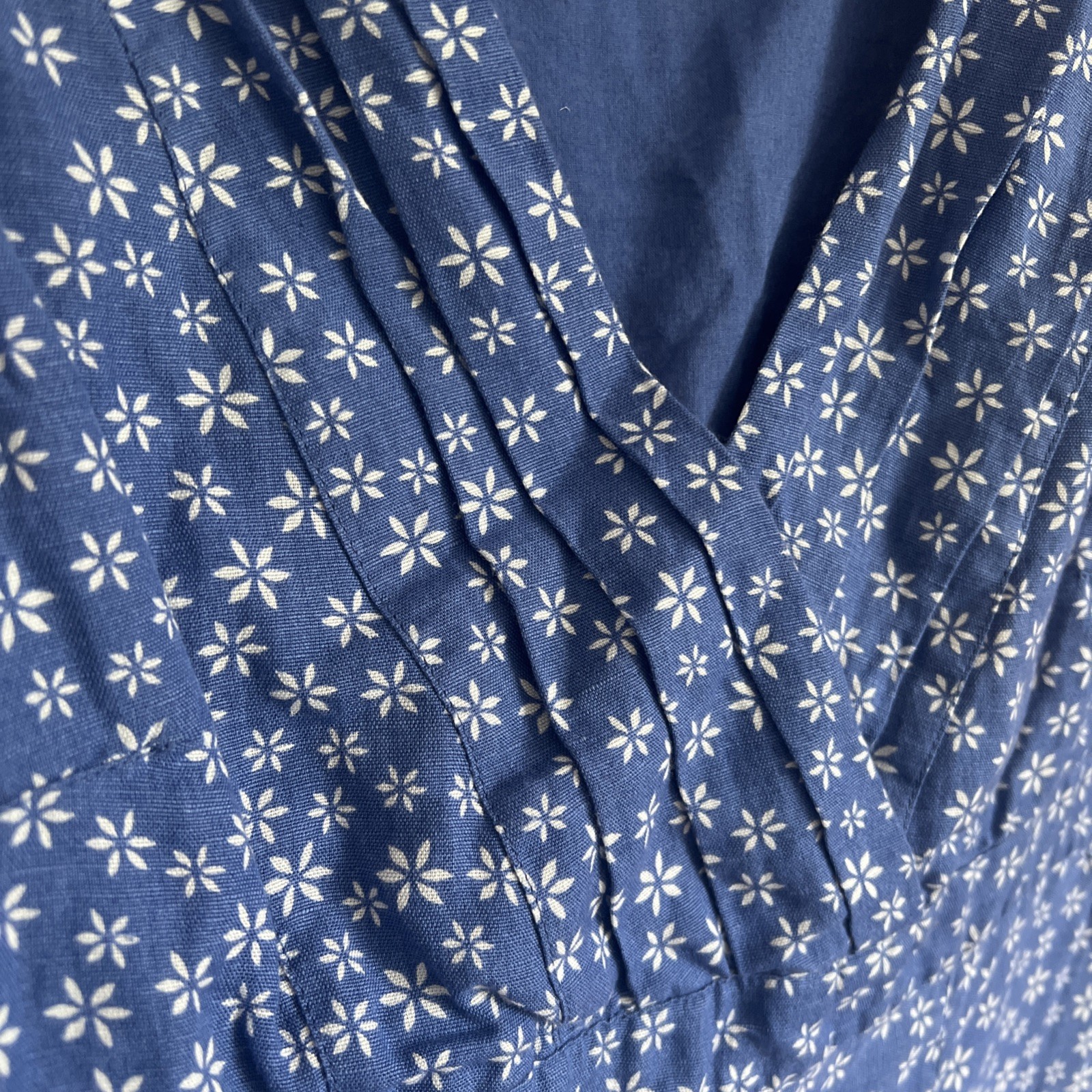 Per Una Dress UK 8 Blue White Floral Beaded Linen Cotton Blend Pockets Summer