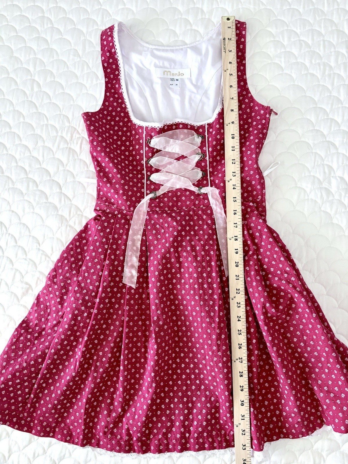 MarJo German Mini Dirndl Dress Red Floral Corset Lace Up Trachten Size EU 36 / S