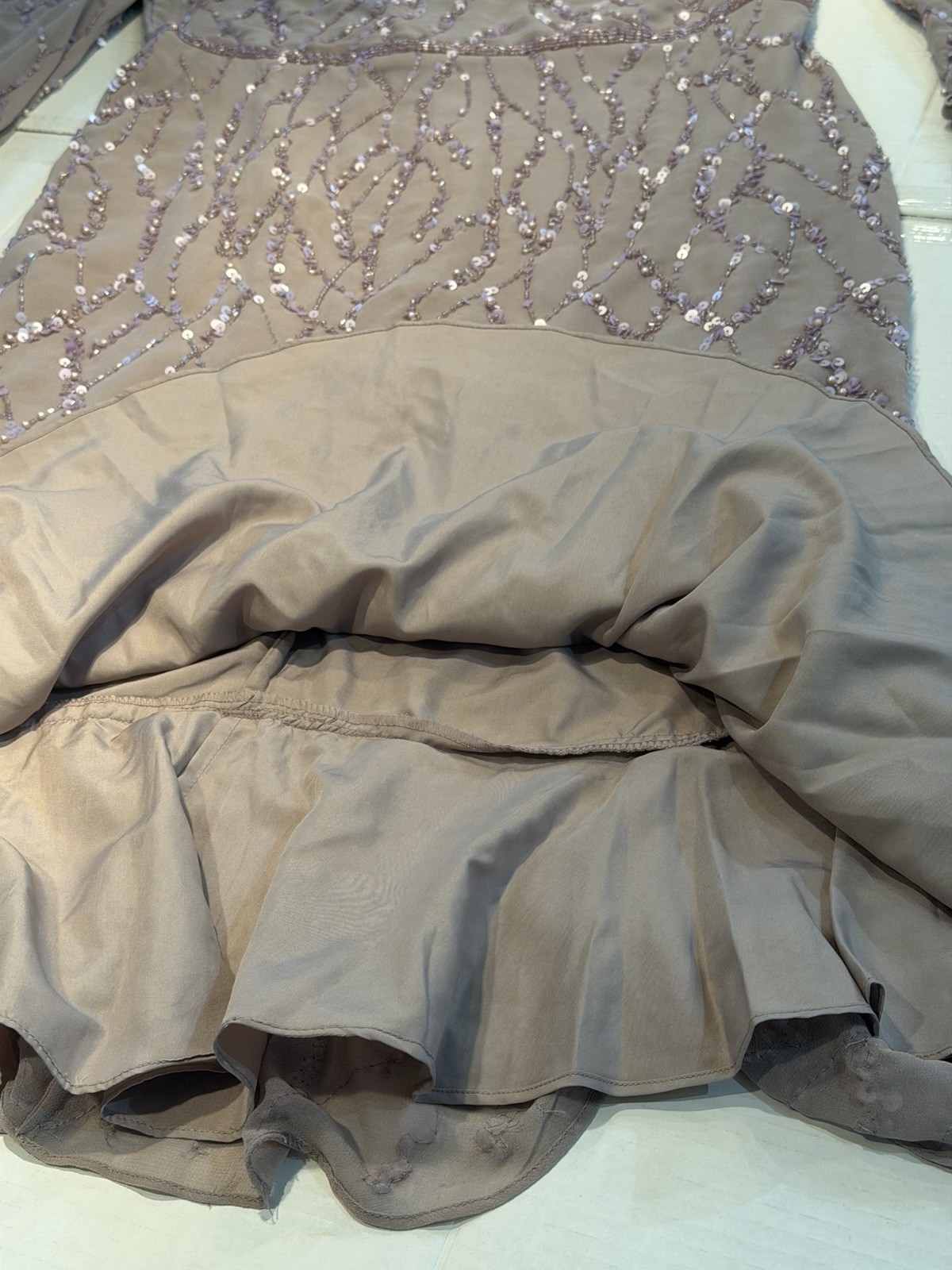 MAC DUGGAL 10767 SEQUINED ILLUSIONS LONG VINTAGE LILAC TRUMPET MIDI DRESS 10