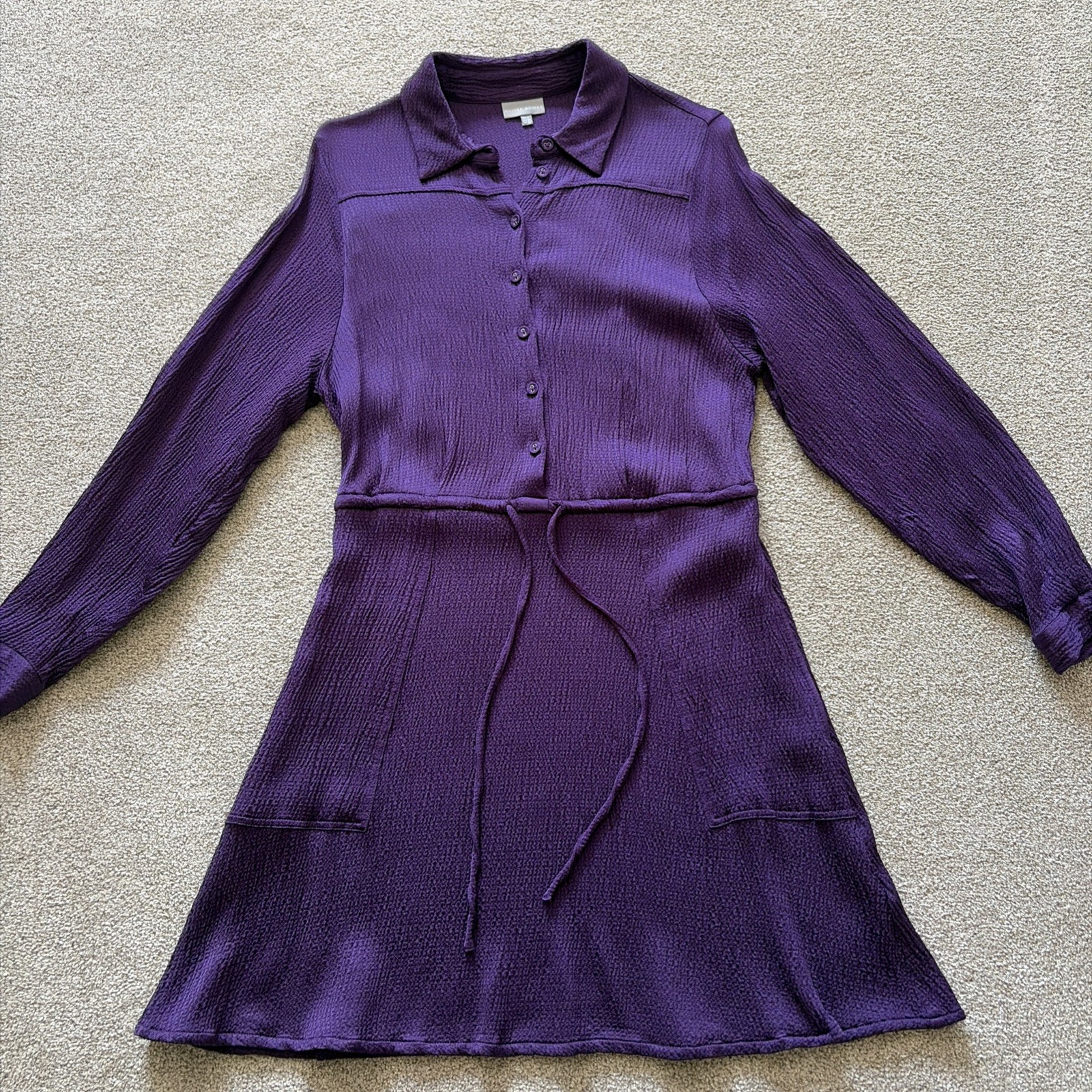 Oliver Bonas Satin Purple Textured Button Front Tie Waist Dress UK 8 Pre-Owned