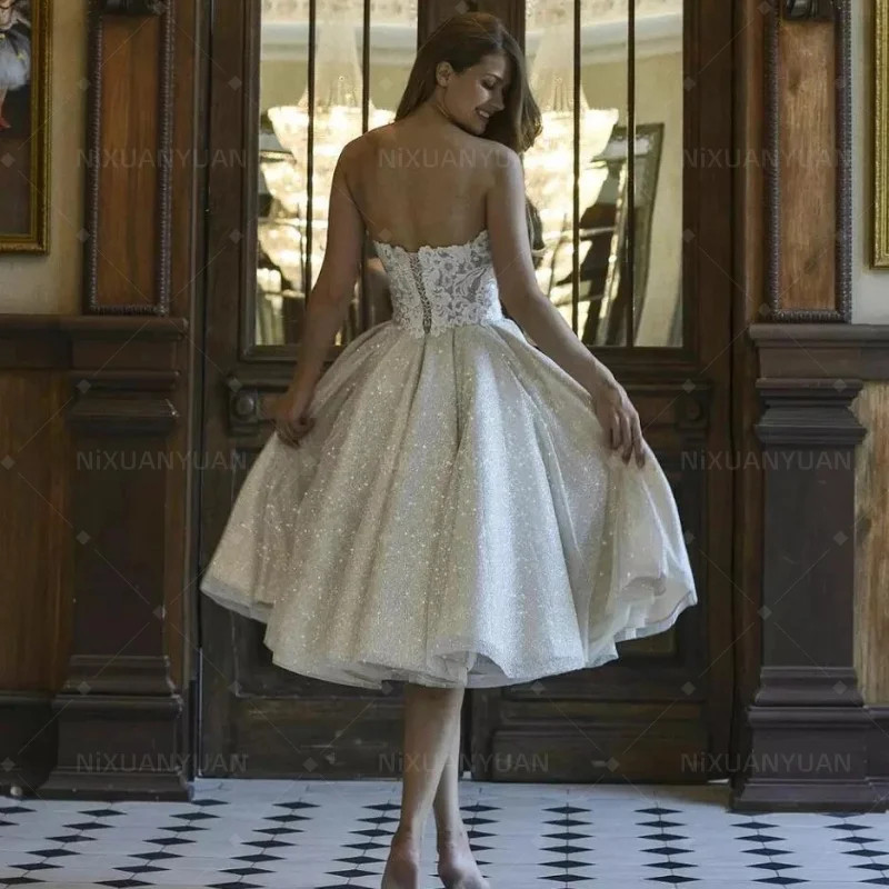 Short Wedding Dress Lace Appliqued Bridal Gowns Princess Party Off The Shoulder