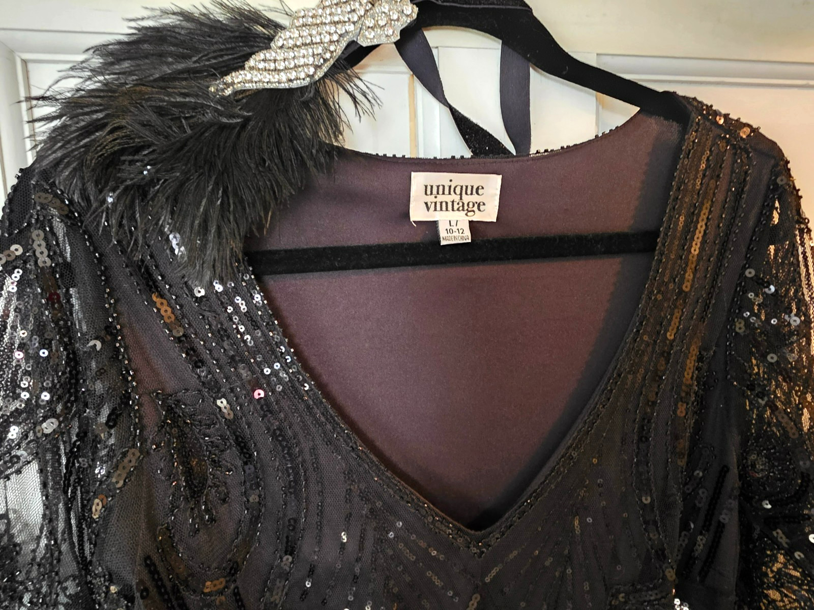 Unique Vintage L 10-12 Black Sequin Beaded Fringe Flapper Dress with Headband