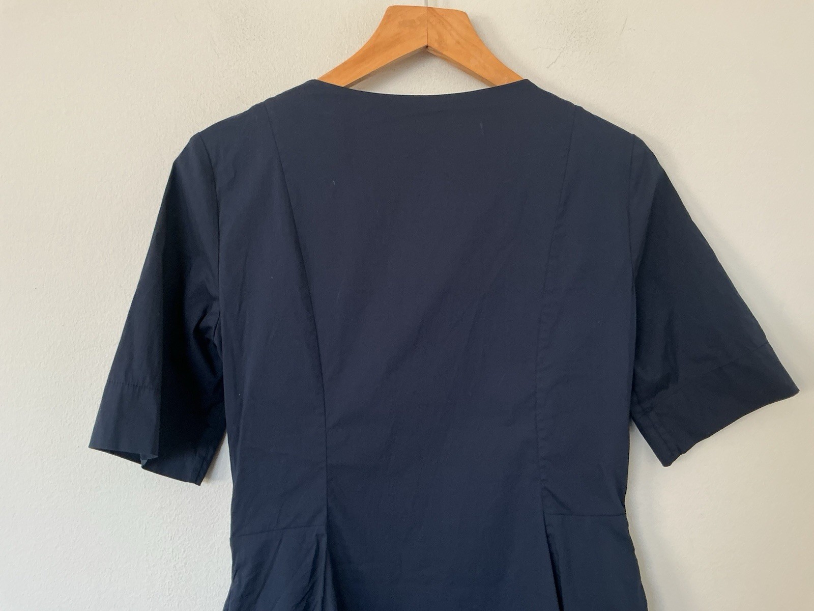 COS Size Small Navy Blue Cotton Mix Skater Dress Short Sleeves Pleated Flare