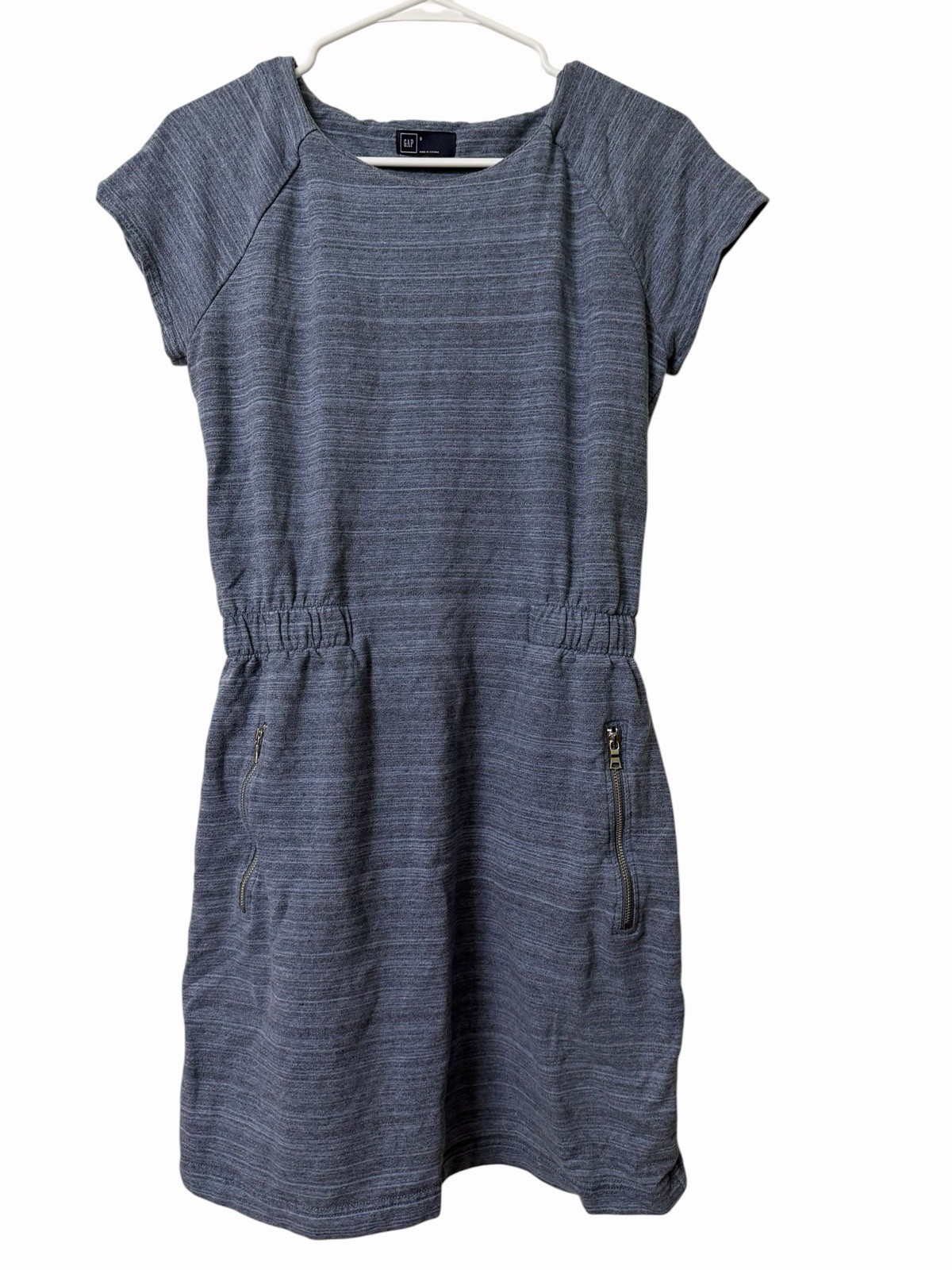 GAP Women’s Small Blue Heathered Knit Dress Elastic Waist Zip Pocket Stretch