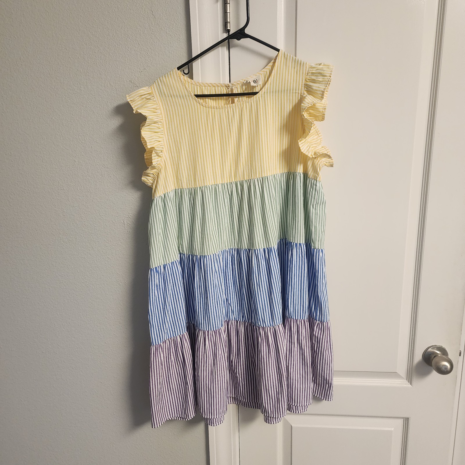 Bibi Dress Womens Size Large Yellow Green Blue Purple Stripes Ruffle Sleeve