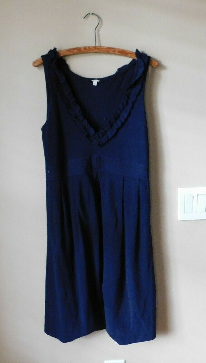 J Crew Piqué V-neck Ruffle Dress 10 V-Neck Navy Blue 100% Cotton