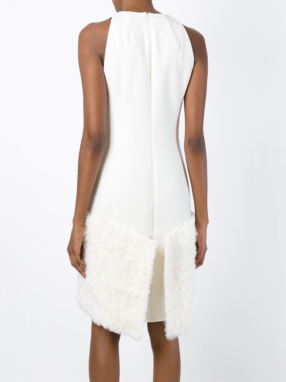 Akris Shearling Fur-Trimmed Apron Ivory Dress Size 12