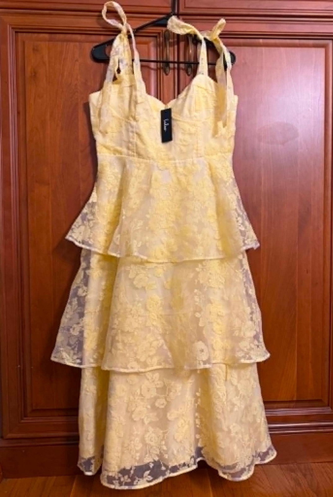 NWT Lulus Glamorous Sweetie Yellow Burnout Tie-Strap Bustier Midi Dress Size XL
