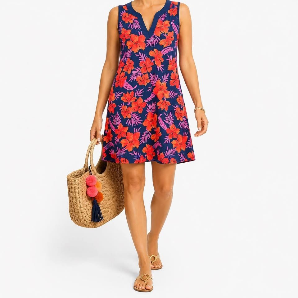 Lands’ End Tropical Flower Blue V-Neck Sleeveless Summer Vacation Dress [size M]
